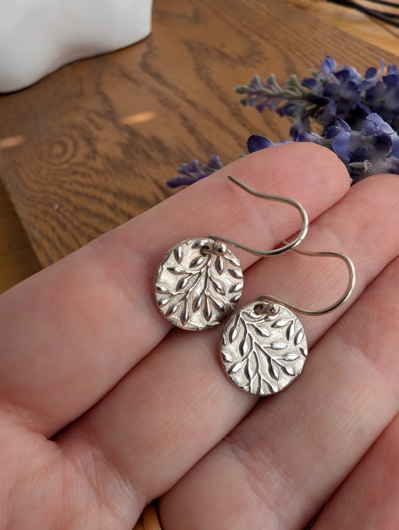 Handmade Fine Silver Drop Earrings Olive Tree Design