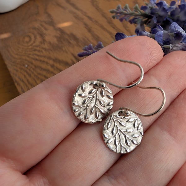 Handmade Fine Silver Drop Earrings Olive Tree Design