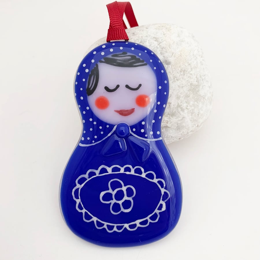 Fused Glass Matryoshka Doll Hanging Decoration (Blue)