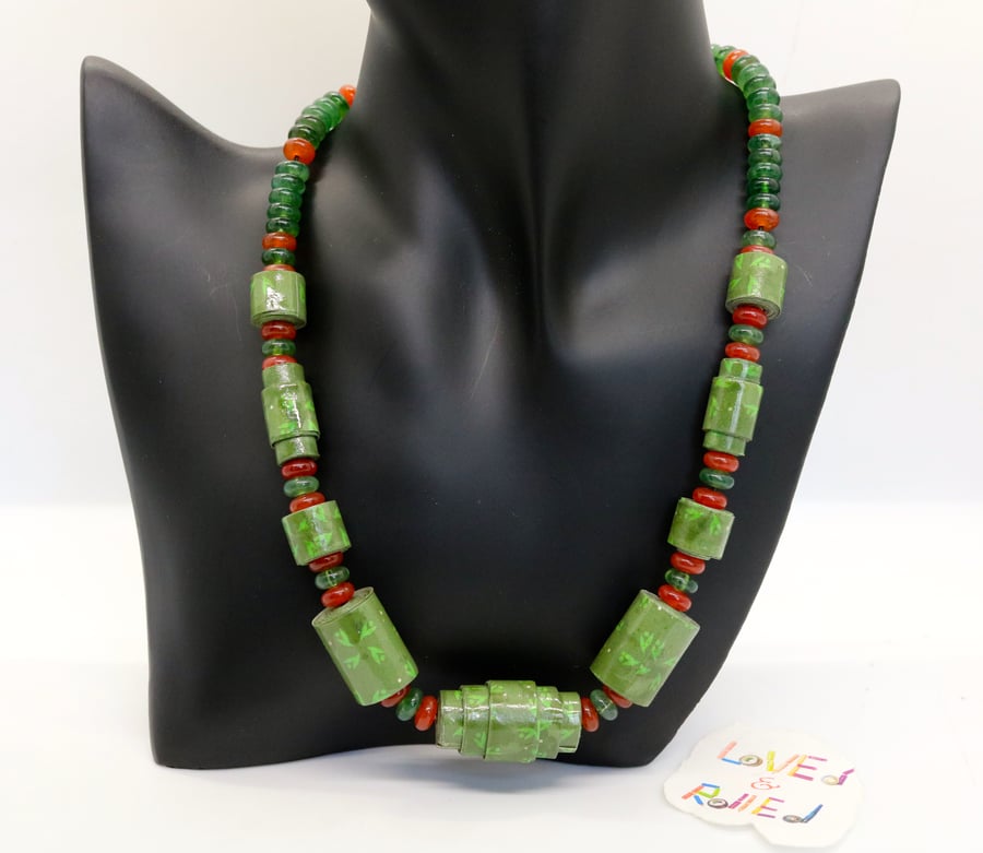 Green paper beaded necklace