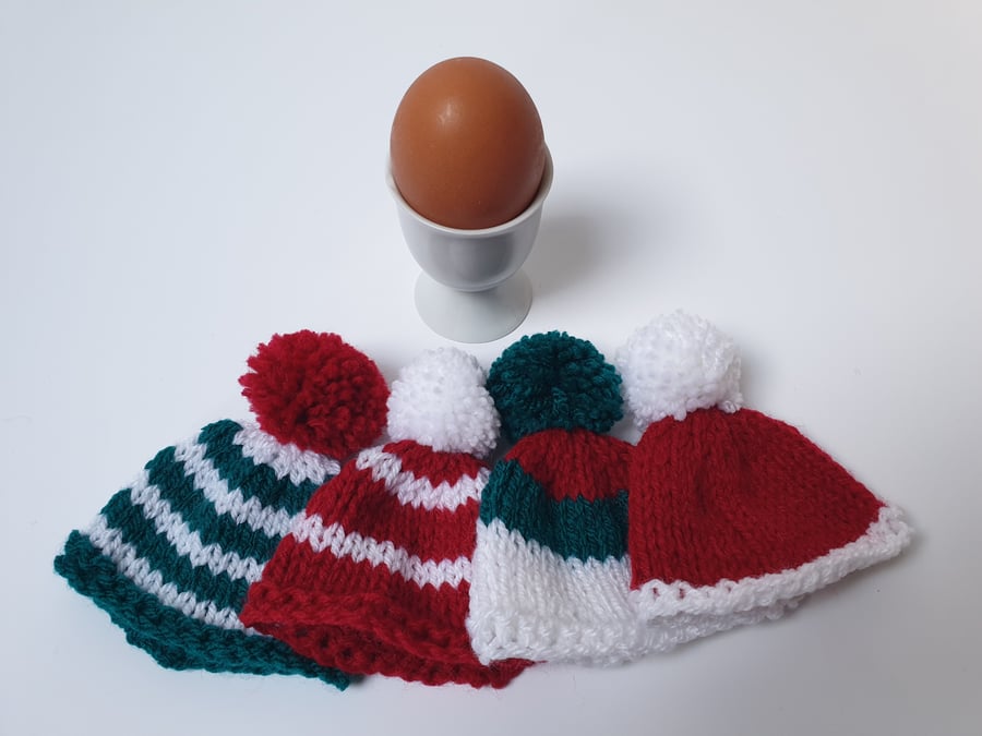 Cute Christmas Themed Mini Multi-Coloured Hand-Knitted Egg Cosies with Pom Pom