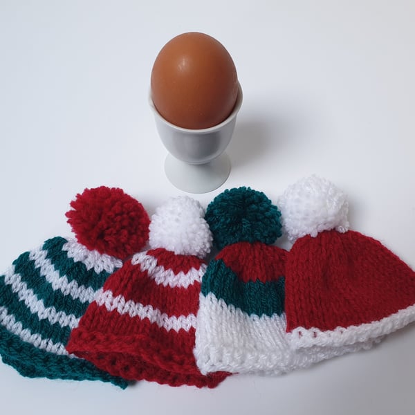 Cute Christmas Themed Mini Multi-Coloured Hand-Knitted Egg Cosies with Pom Pom