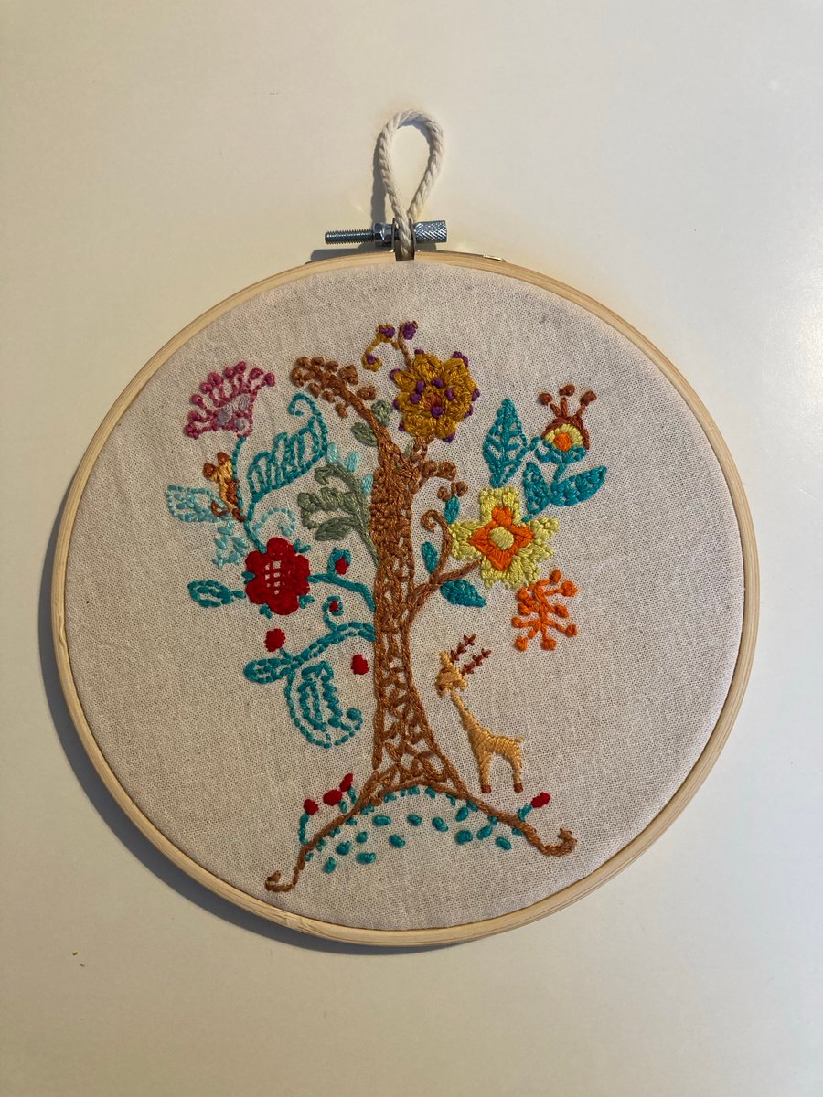 Woodland forest tree hand embroidered hoop art picture 