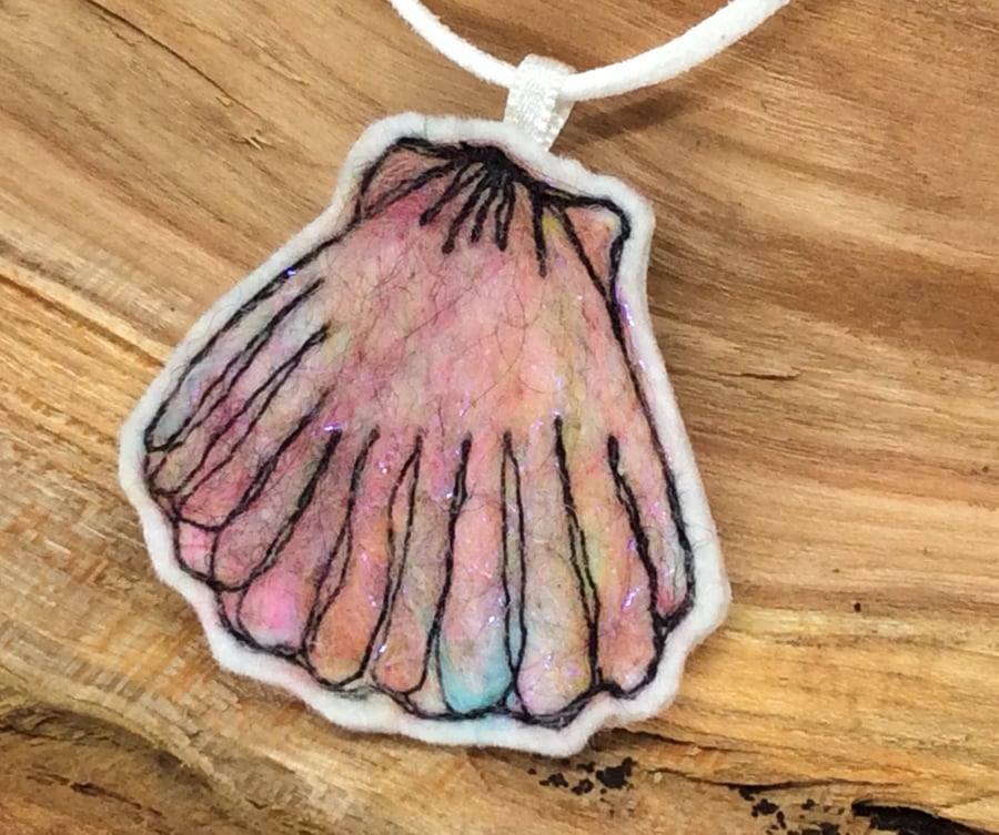 Embroidered needle felted shell necklace or pendant. 