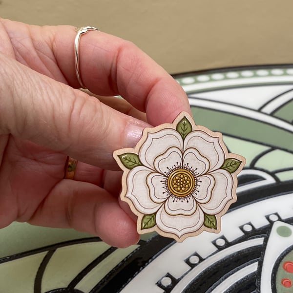 White Rose of York Wooden Pin Badge - War of Roses - House of York Gift