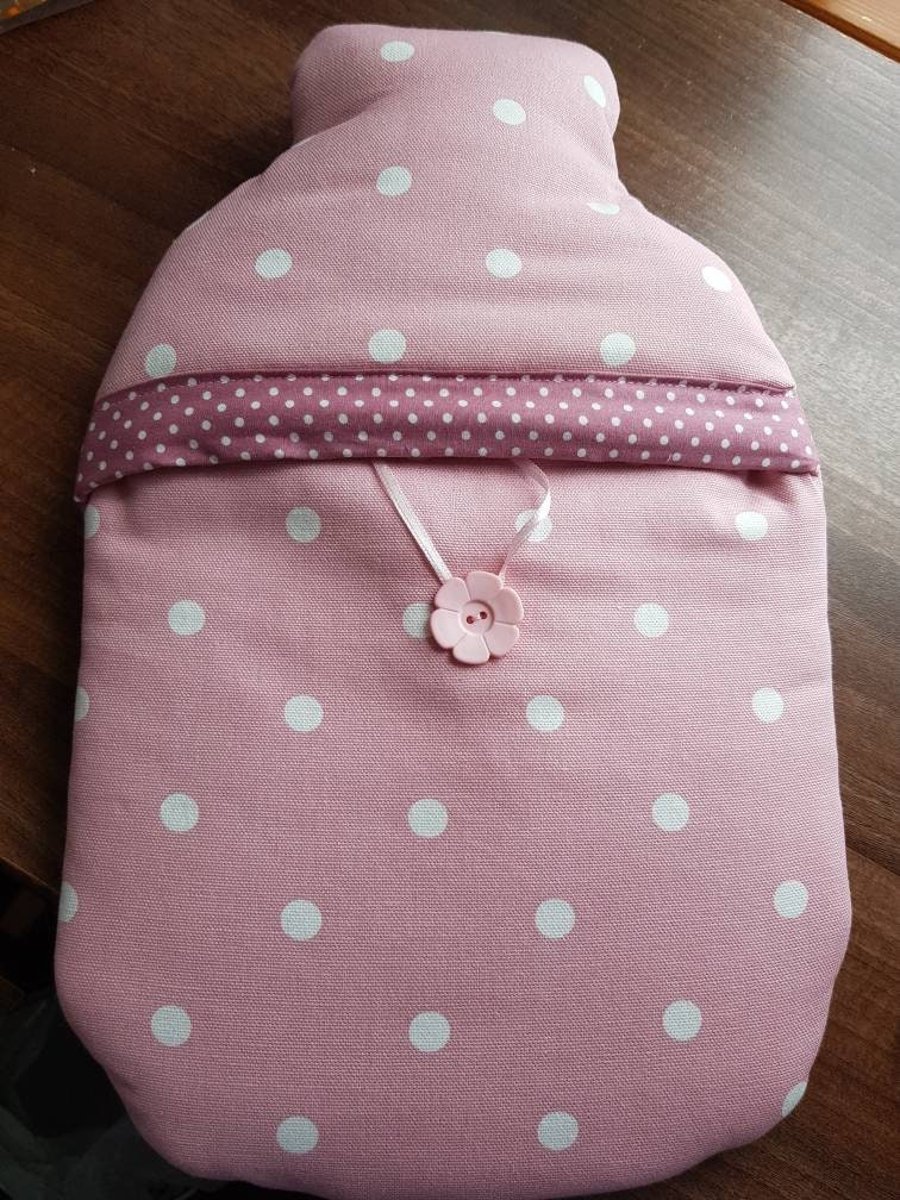 Pink polka dot fabric hot water bottle cover (with bottle)