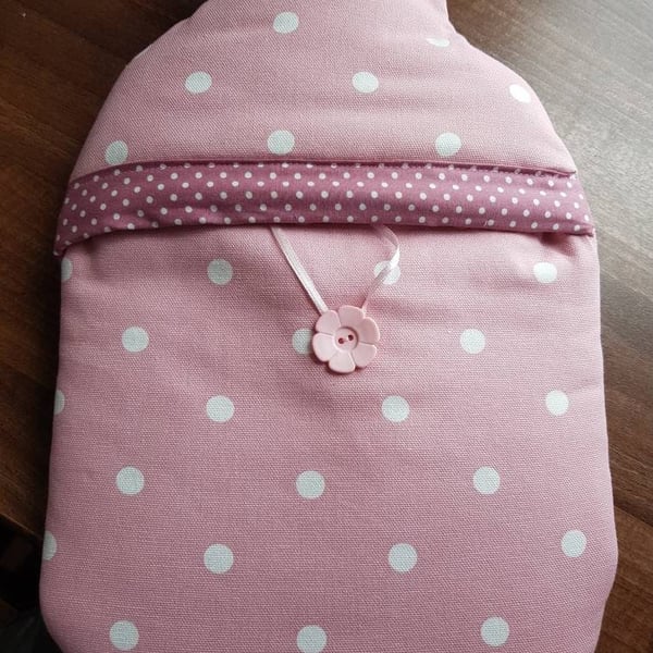 Pink polka dot fabric hot water bottle cover (with bottle)