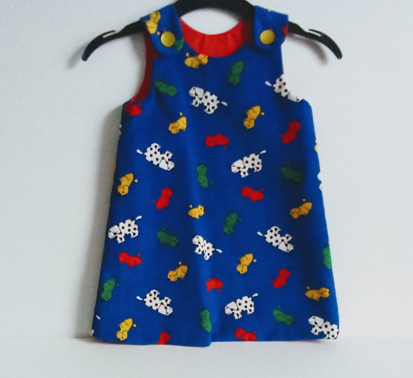 Age 2 years, needlecord dress, A line dress, pinafore, dress, dogs, spotty dog