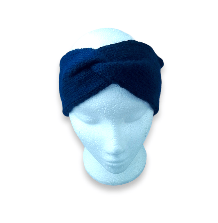 Hand knitted navy blue twisted headband ear warmer turban style  