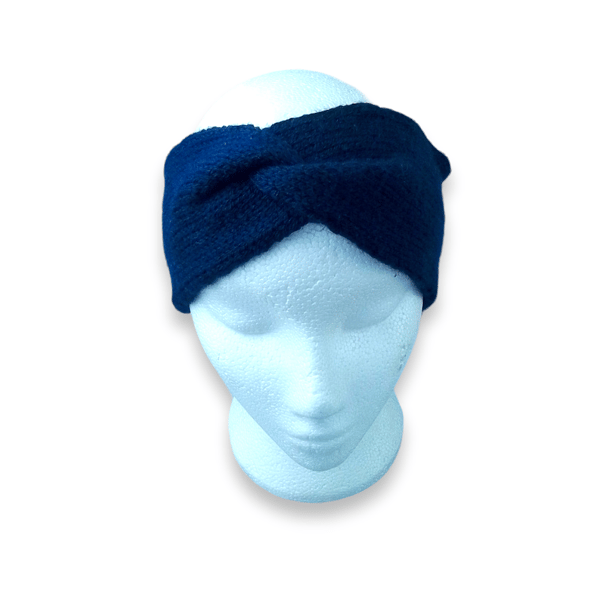 Hand knitted navy blue twisted headband ear warmer turban style  