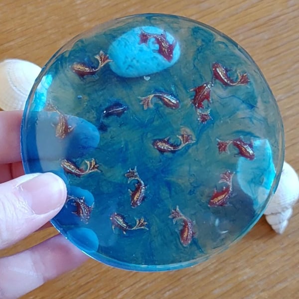 Goldfish Resin Coaster for Fish Lovers, Koi Pond Coaster, Handmade Epoxy with Mi