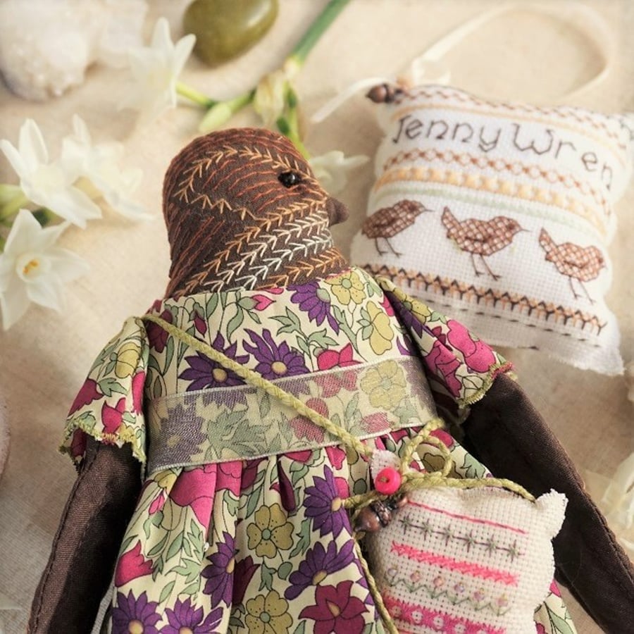 Clara, A Hand Embroidered Wren Folk Art Rag  Doll