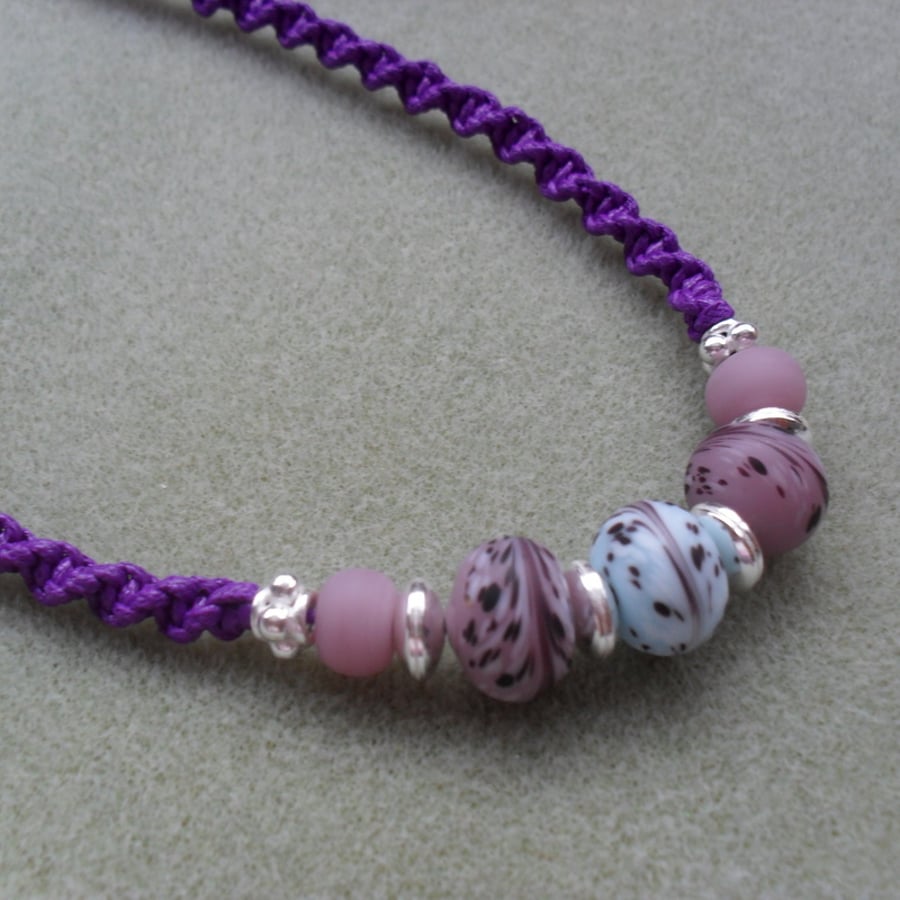 Purple Macrame Knotted Necklace With Glass Beads 