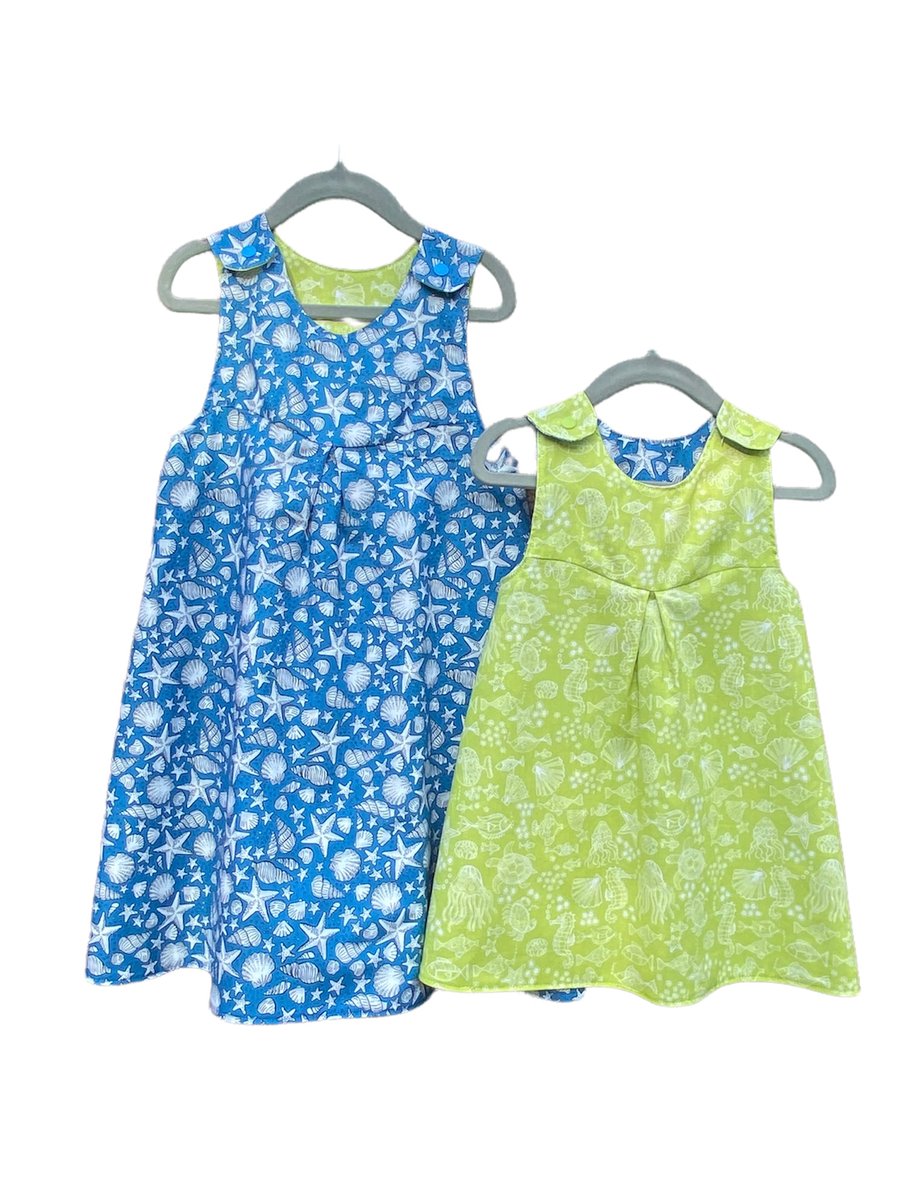 Blue and Lime Green Seaside Reversible Pinafore Dress - 4yrs
