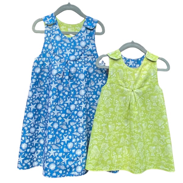Blue and Lime Green Seaside Reversible Pinafore Dress - 9-12 months & 4yrs