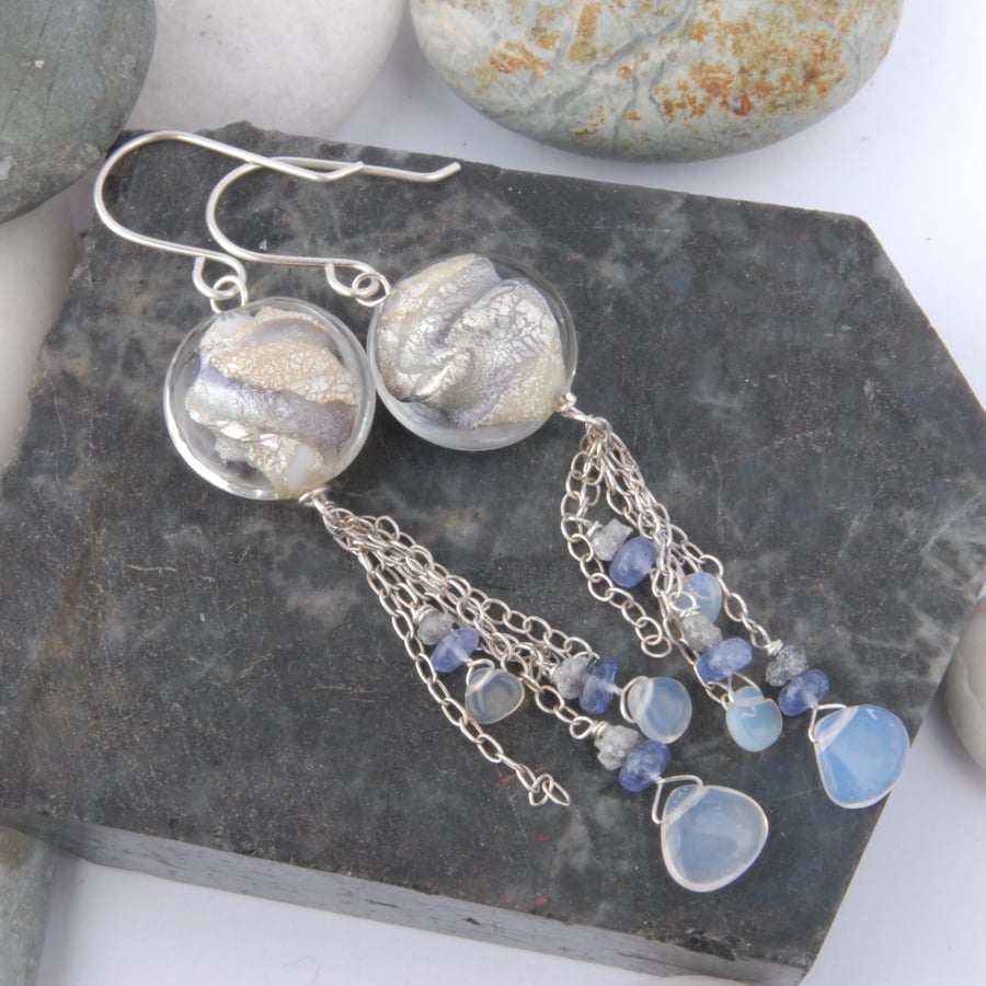 Sterling silver earrings with murano beads, opals, tanzanites and diamond chips