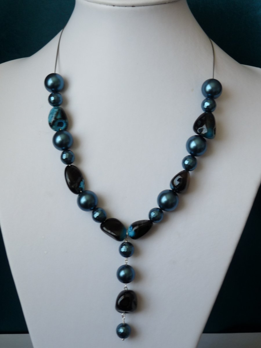 Blue Teal Shell Pearl & Agate Necklace  - Sterling Silver - Handmade