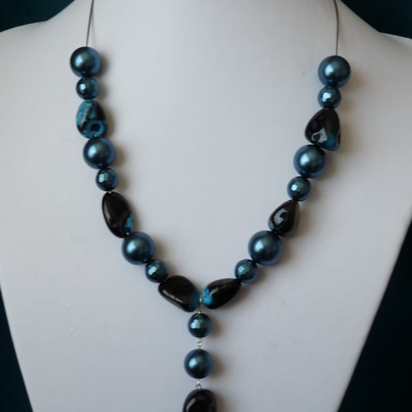 Blue Teal Shell Pearl & Agate Necklace  - Sterling Silver - Handmade