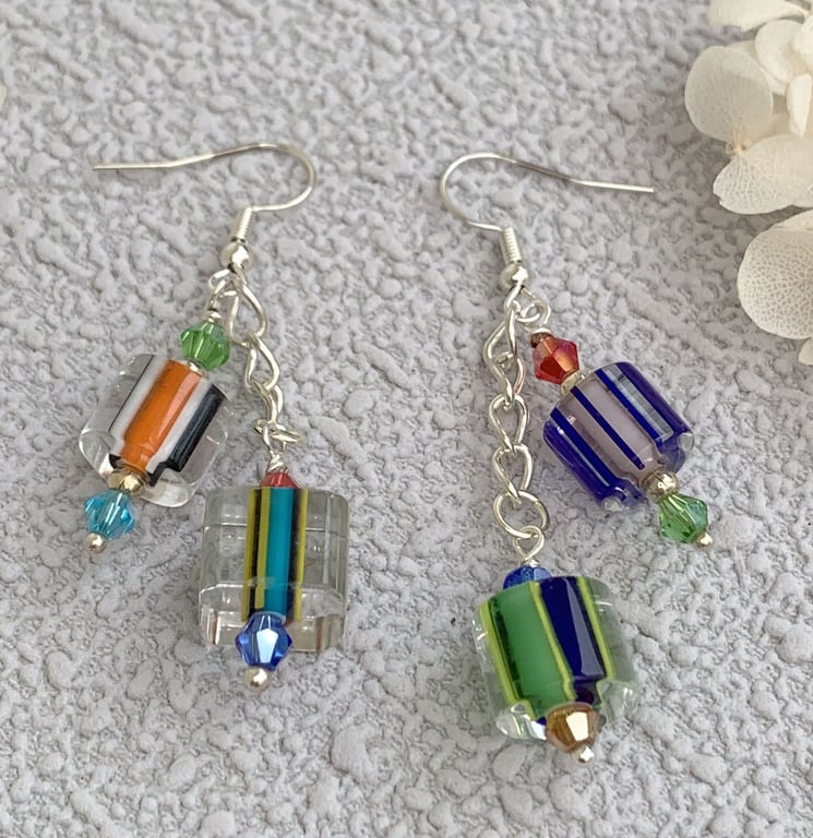 Czech Cane Glass Asymmetric  Boho Earrings
