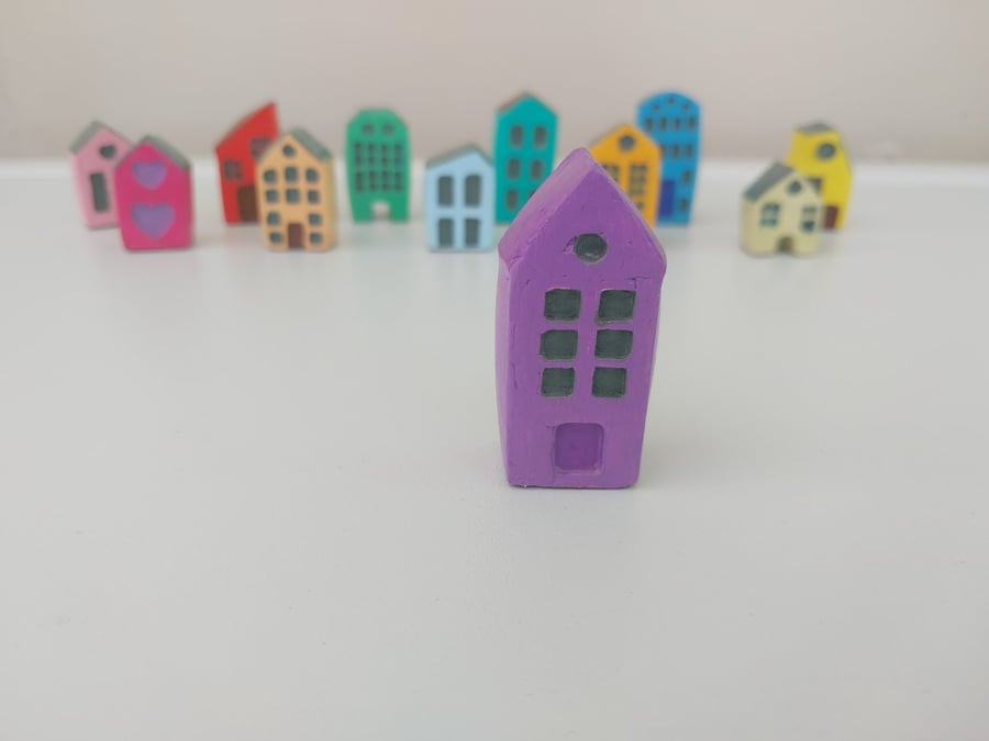 Handmade Mini Clay House - Purple Painted Village Decor