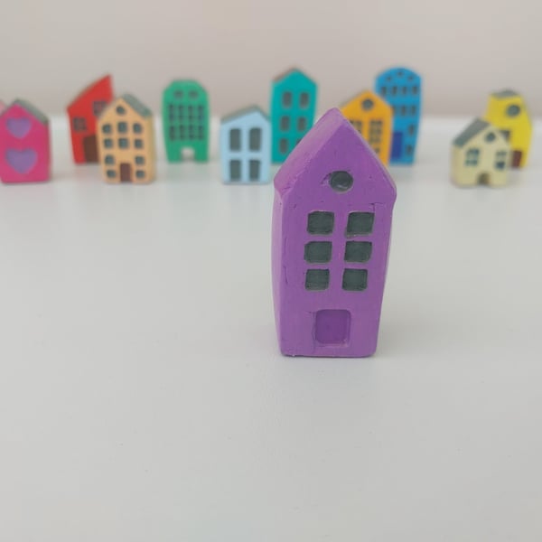 Handmade Mini Clay House - Purple Painted Village Decor