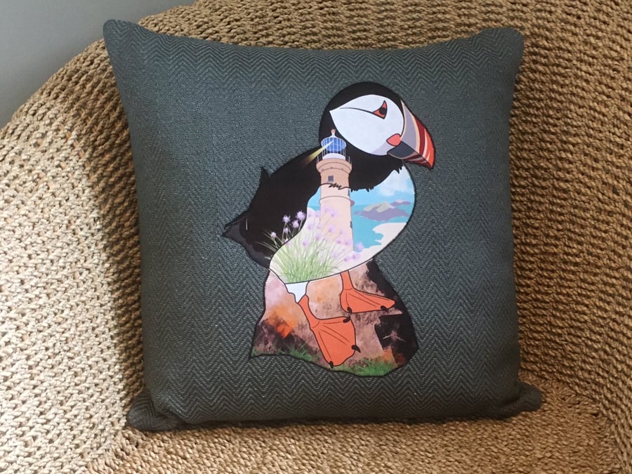 Handprinted & appliquéd cushion Lundy Puffin