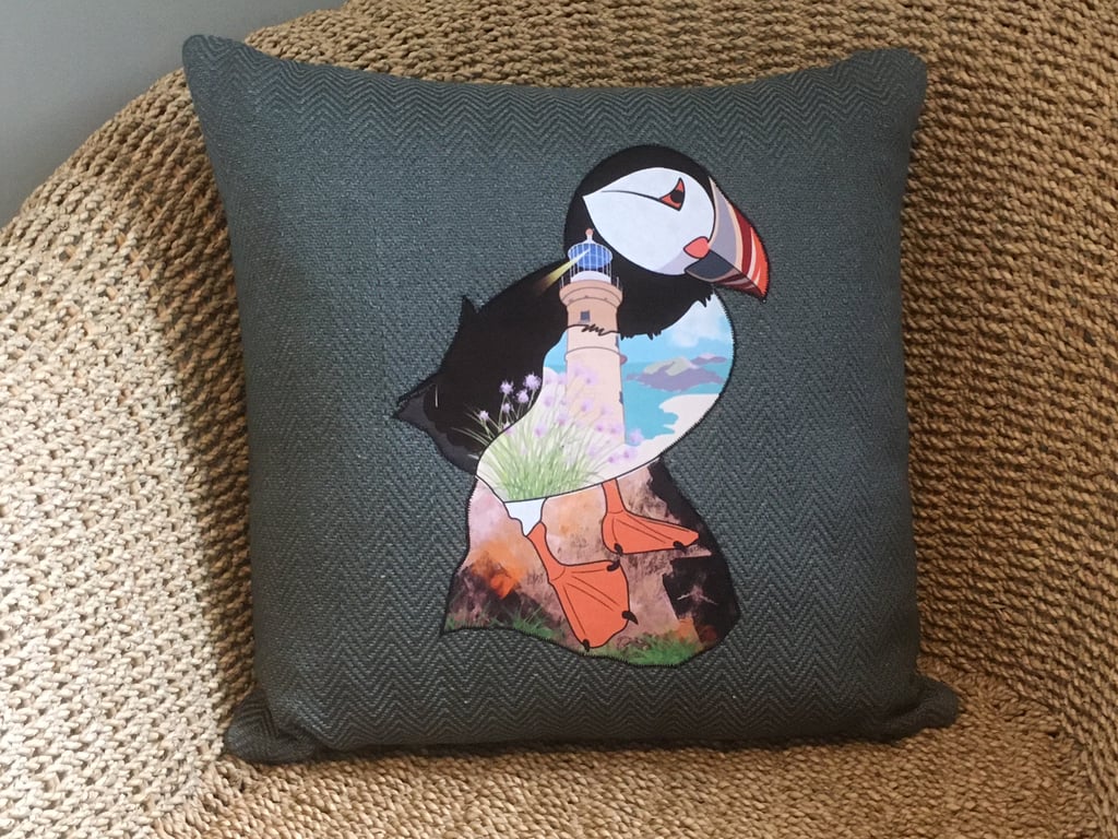 Handprinted & appliquéd cushion Lundy Puffin