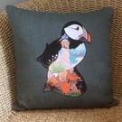 Handprinted & appliquéd cushion Lundy Puffin
