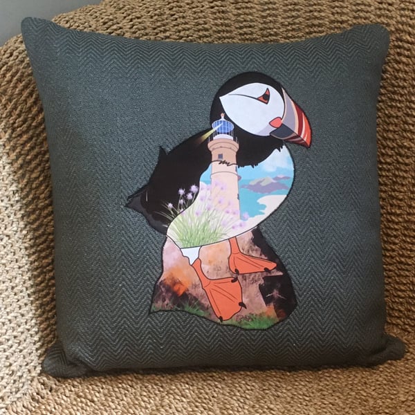 Handprinted & appliquéd cushion Lundy Puffin
