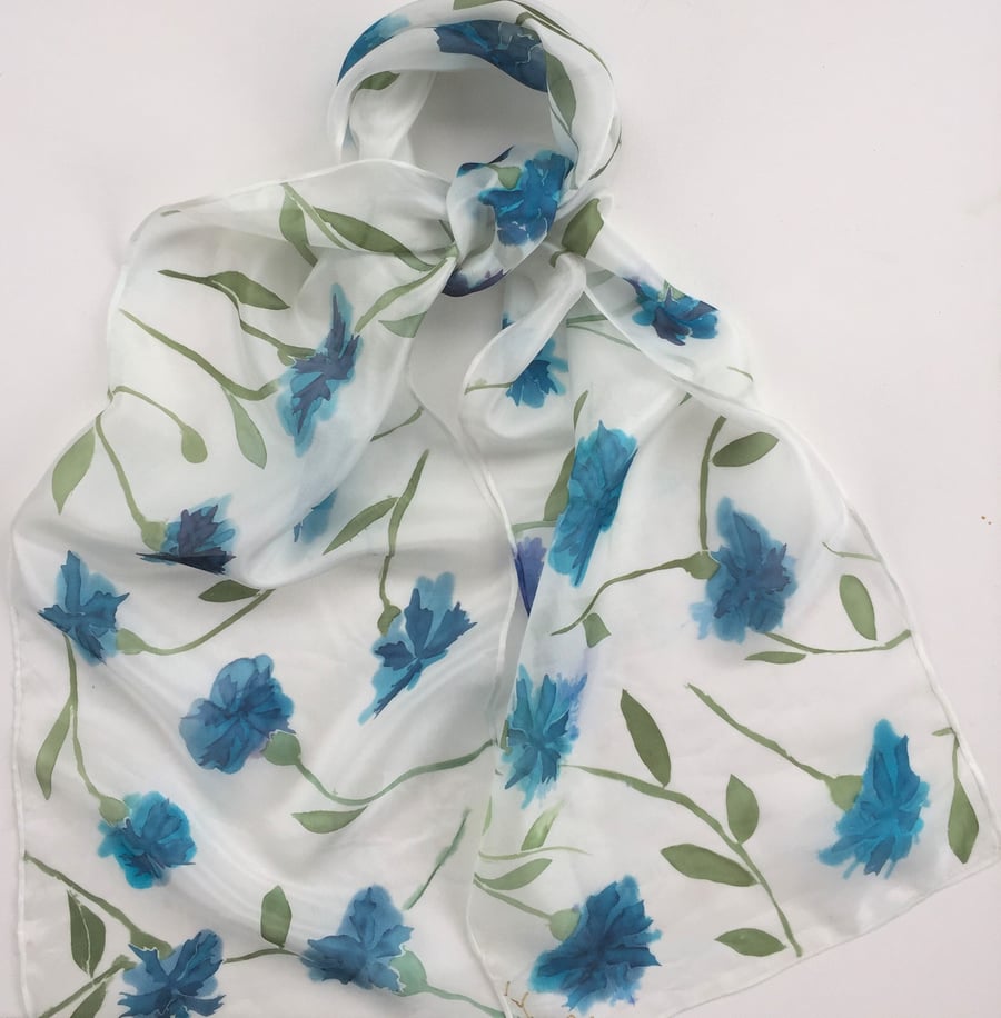 Cornflowers hand painted silk scarf