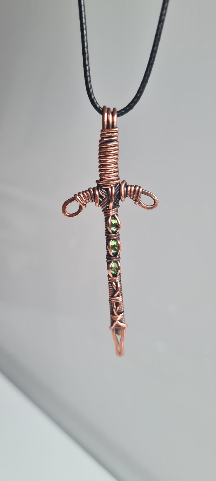 Mens Unisex Copper & Green Glass Crystal Sword Pendant with Black Cord Chain 