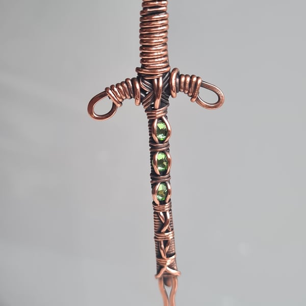 Mens Unisex Copper & Green Glass Crystal Sword Pendant with Black Cord Chain 