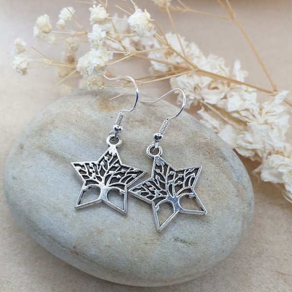 hypoallergenic silver plated tree of life earrings star shaped charms