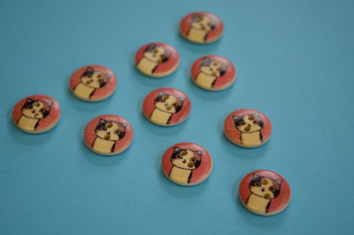 15mm Wooden Cat Buttons Pink Cream Brown 10pk Pussy Kitten Kitty (SCT5)