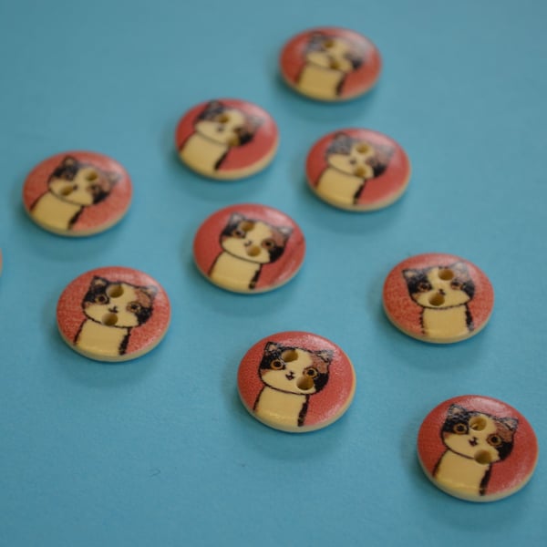 15mm Wooden Cat Buttons Pink Cream Brown 10pk Pussy Kitten Kitty (SCT5)