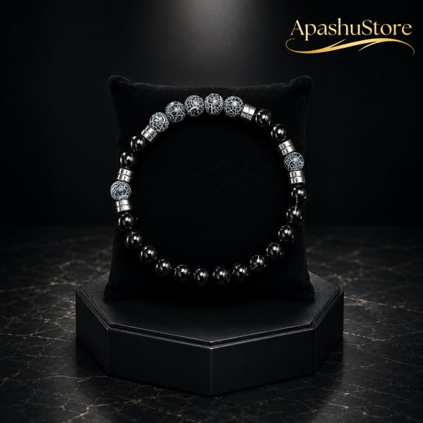 Men’s Black Onyx & Crackle Agate Bracelet – 19 cm – 8 mm Beads