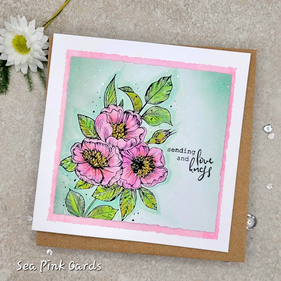 Sympathy Card - Cards, handmade, sending love, floral, encouragement, pink, grey