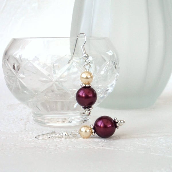 Red shell pearl earrings, with cream crystal pearl by Swarovski
