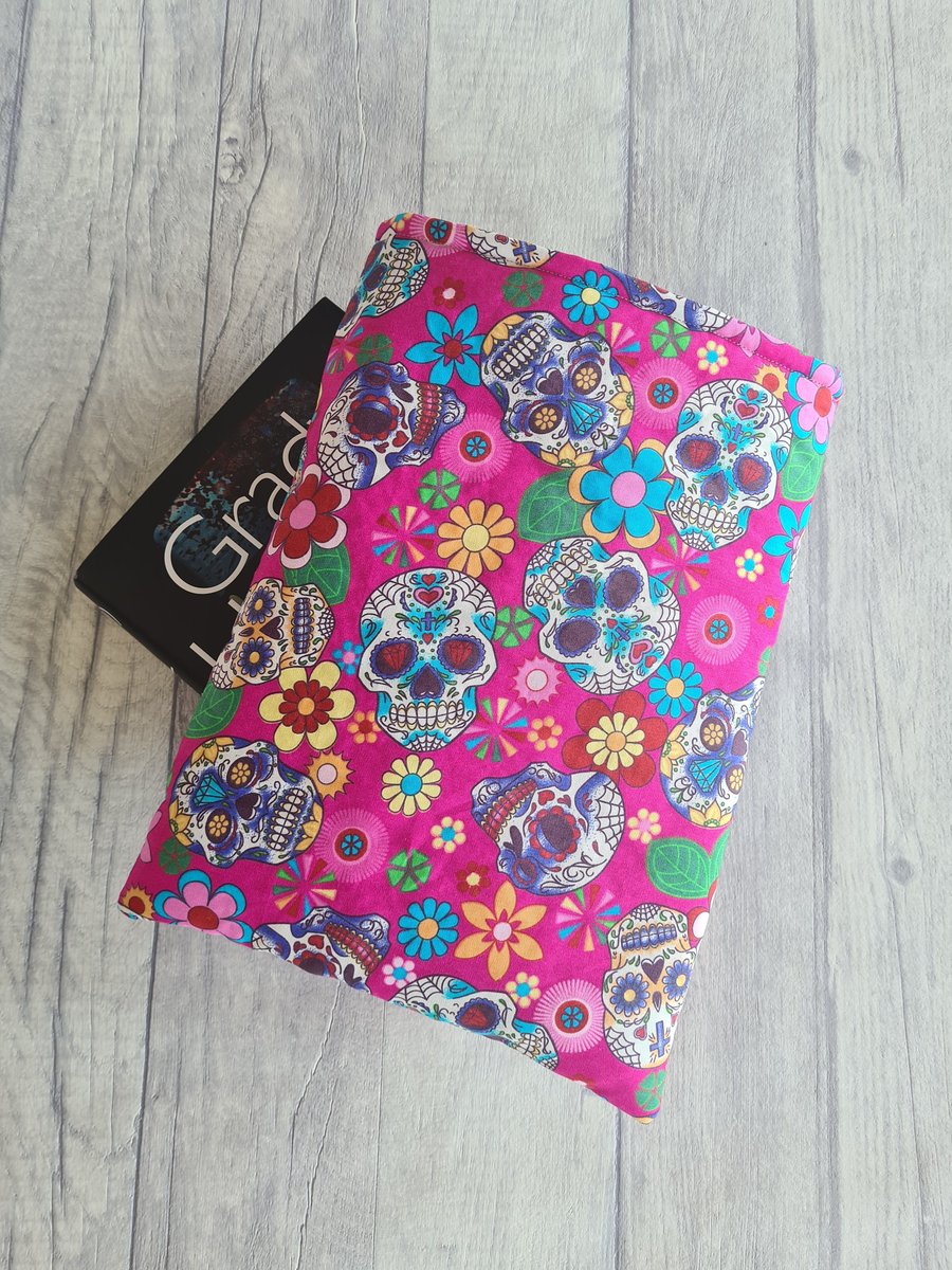 Large Sugar Skull Book Sleeve - Padded Book Protector - Bookworm Accessories 