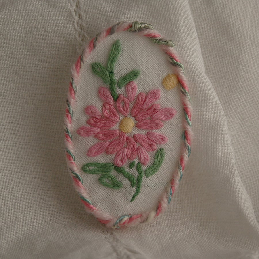 Oval Brooch - pink chrysanthemum from recycled linen