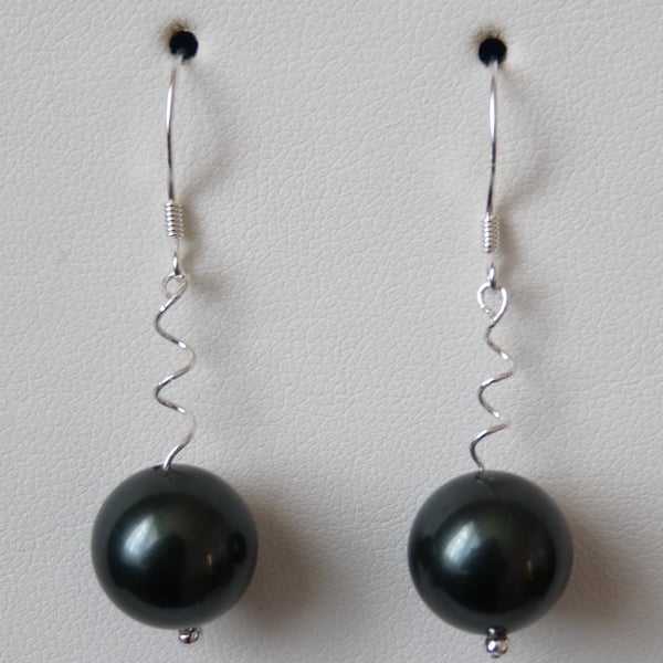 Deep Forest Green Shell Pearl Earrings - Sterling Silver 