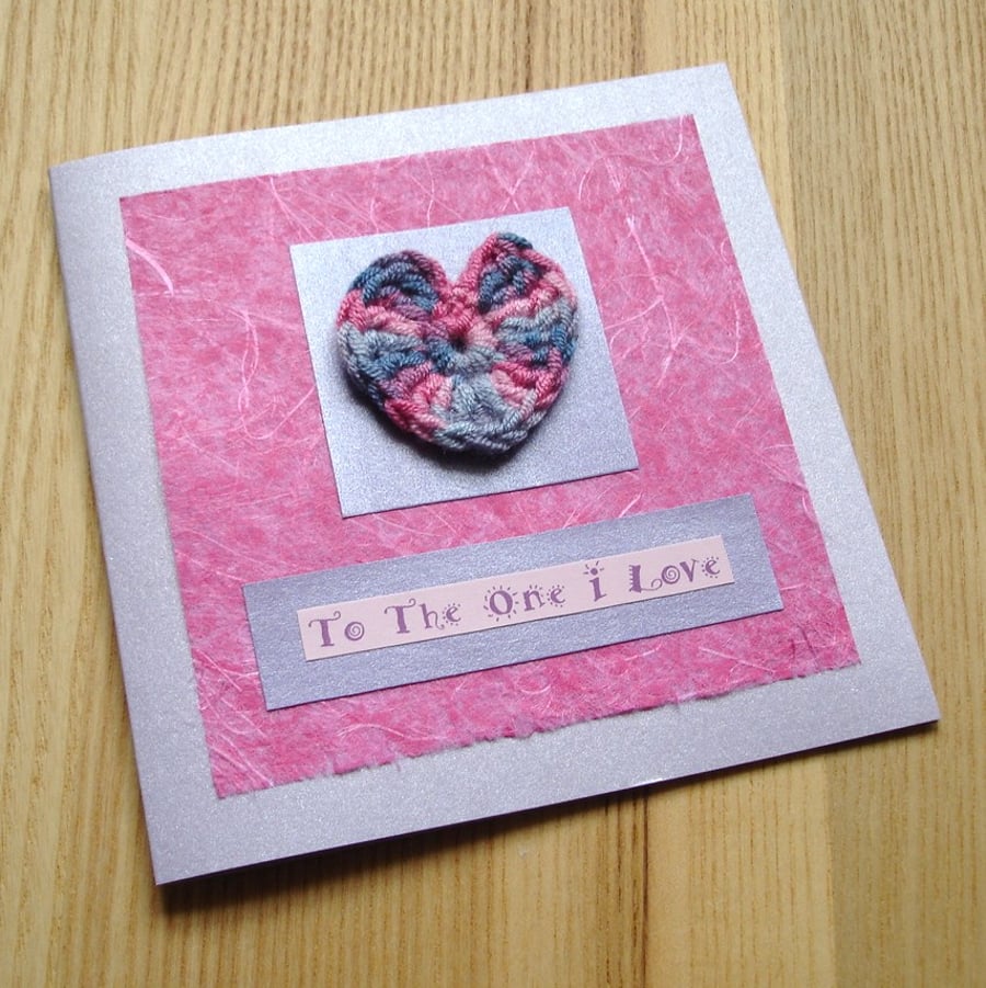 Pink and Purple Crochet Heart Greetings Card