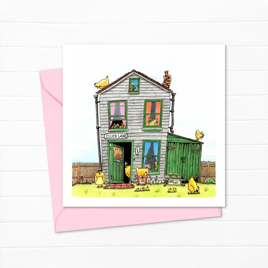 Whimsical Chicken Coop Greeting Card: Hen House Pencil Illustration (225)