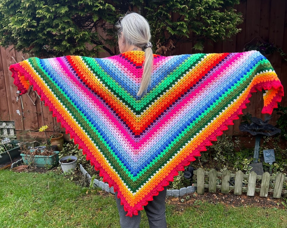 Handmade Crochet Rainbow Shawl: Multi-Colored Acrylic Wrap