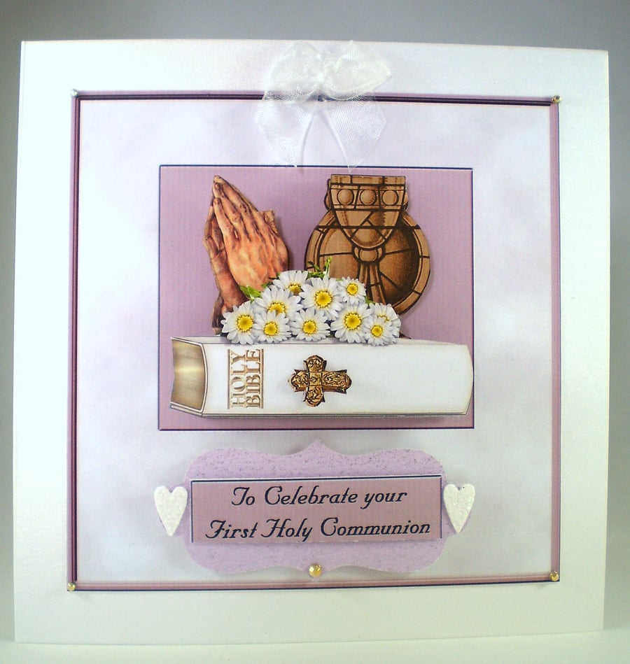 Handmade Decoupage, 3D, Holy Communion Card,Bible,Praying Hands, Personalise