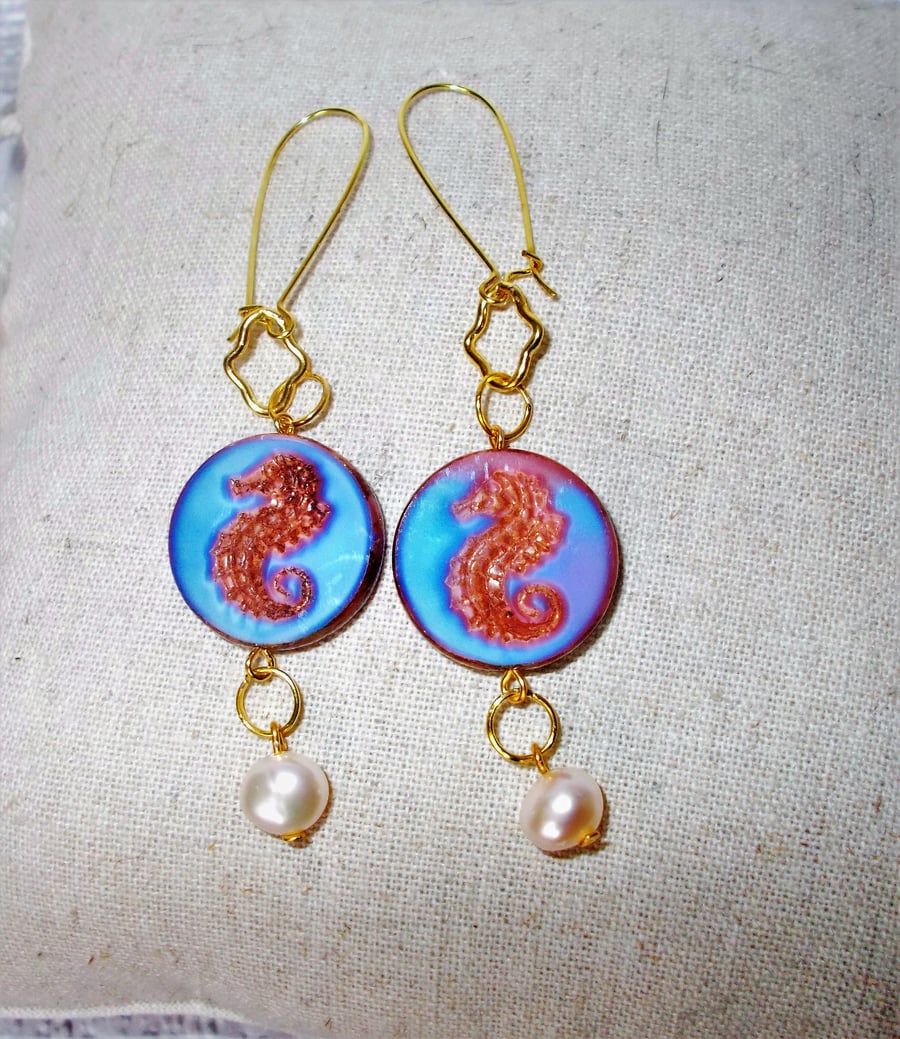 Czech Seahorse Earrings Blue with Pearls