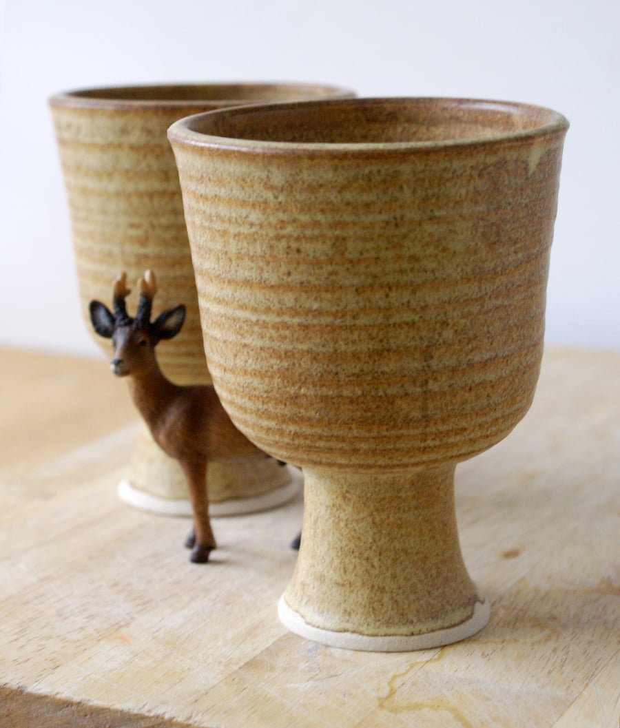 Set of two handmade pottery wine goblets - glazed in natural brown