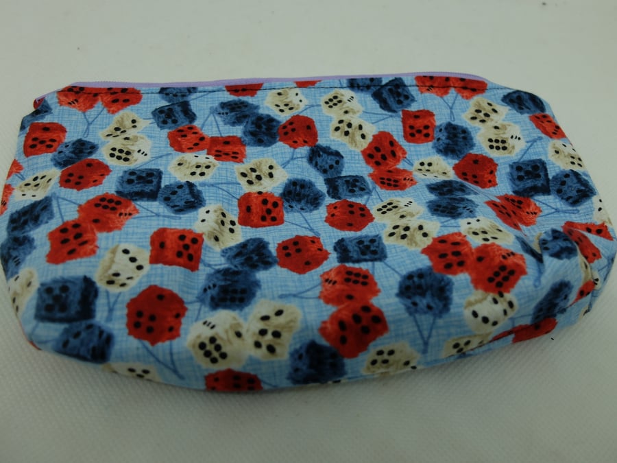 Zipped and lined Backgammon or Chess clock pouch in dice fabric