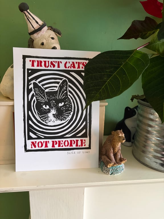 Trust Cats, Not People. Lino print 