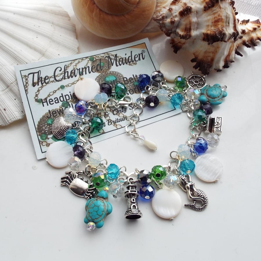 Mermaid & Turtle Charm Bracelet, Mother of Pearl Jewellery